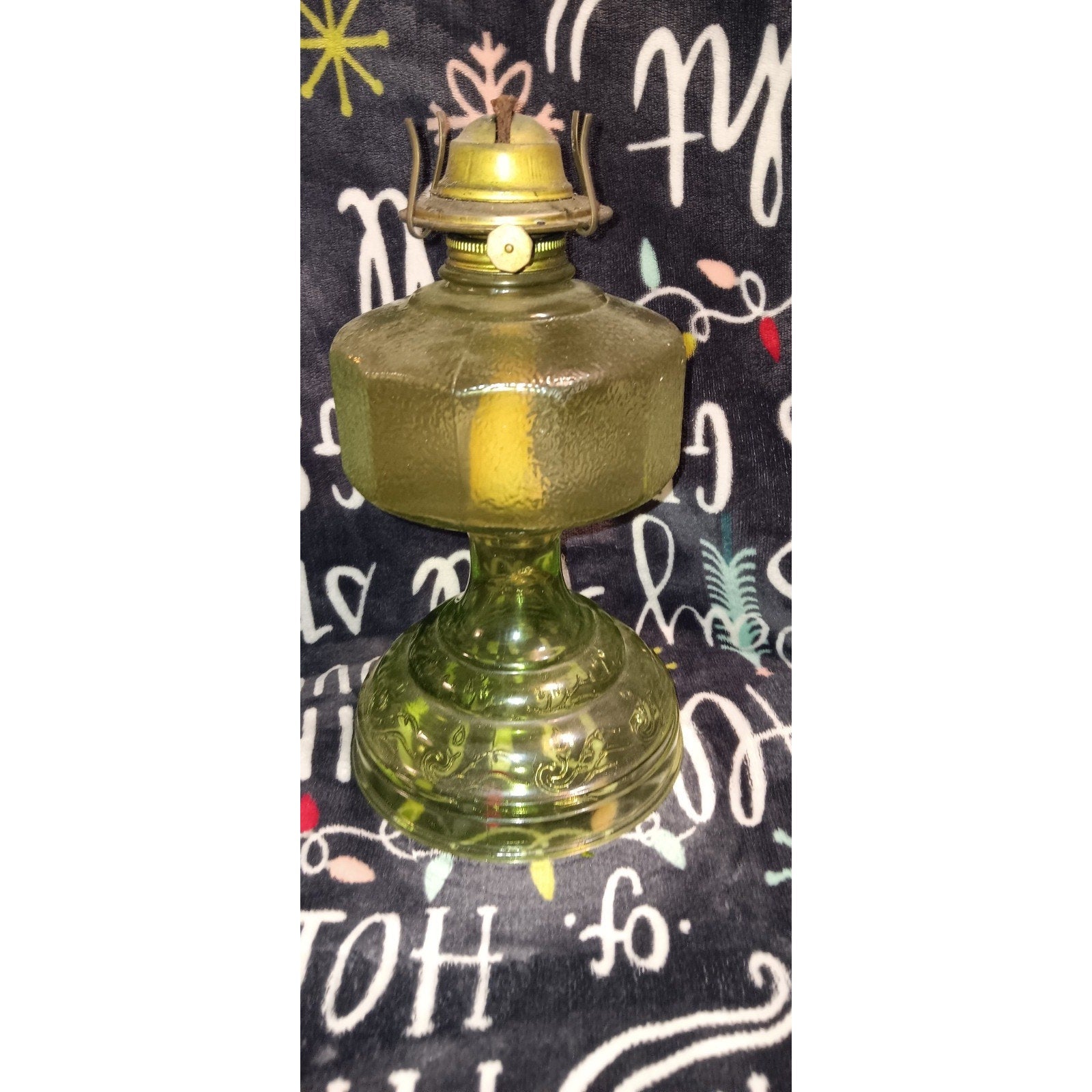 Antique Green Glass Kerosene Oil Lamp Pedestal Base