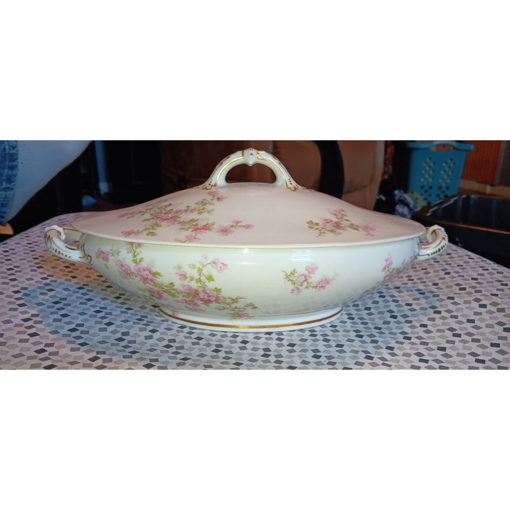 VTG Limoges France Porcelain Pink Floral Soup Tureen W/ Lid Serving Antique Veg