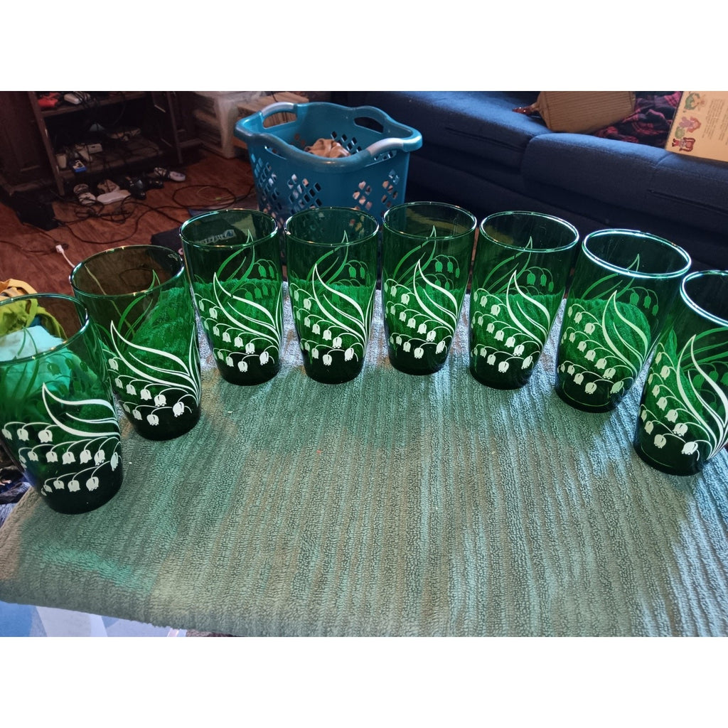 Set of 8 MCM Anchor Hocking Lily of the Valley Green Tumblers Glasses