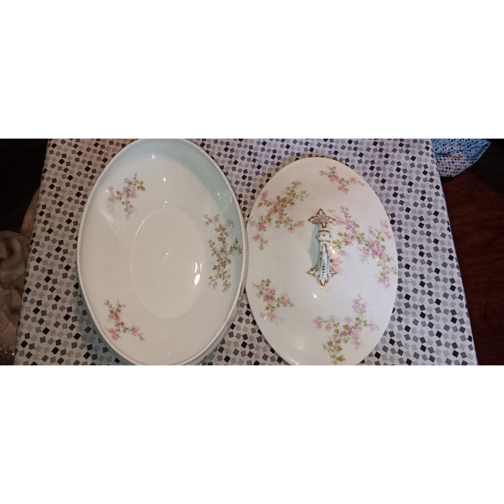 VTG Limoges France Porcelain Pink Floral Soup Tureen W/ Lid Serving Antique Veg