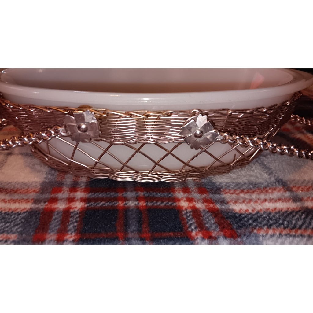 Glasbake White Milk Glass 10" Oval Baking Dish & Rose Gold Metal Carry Basket