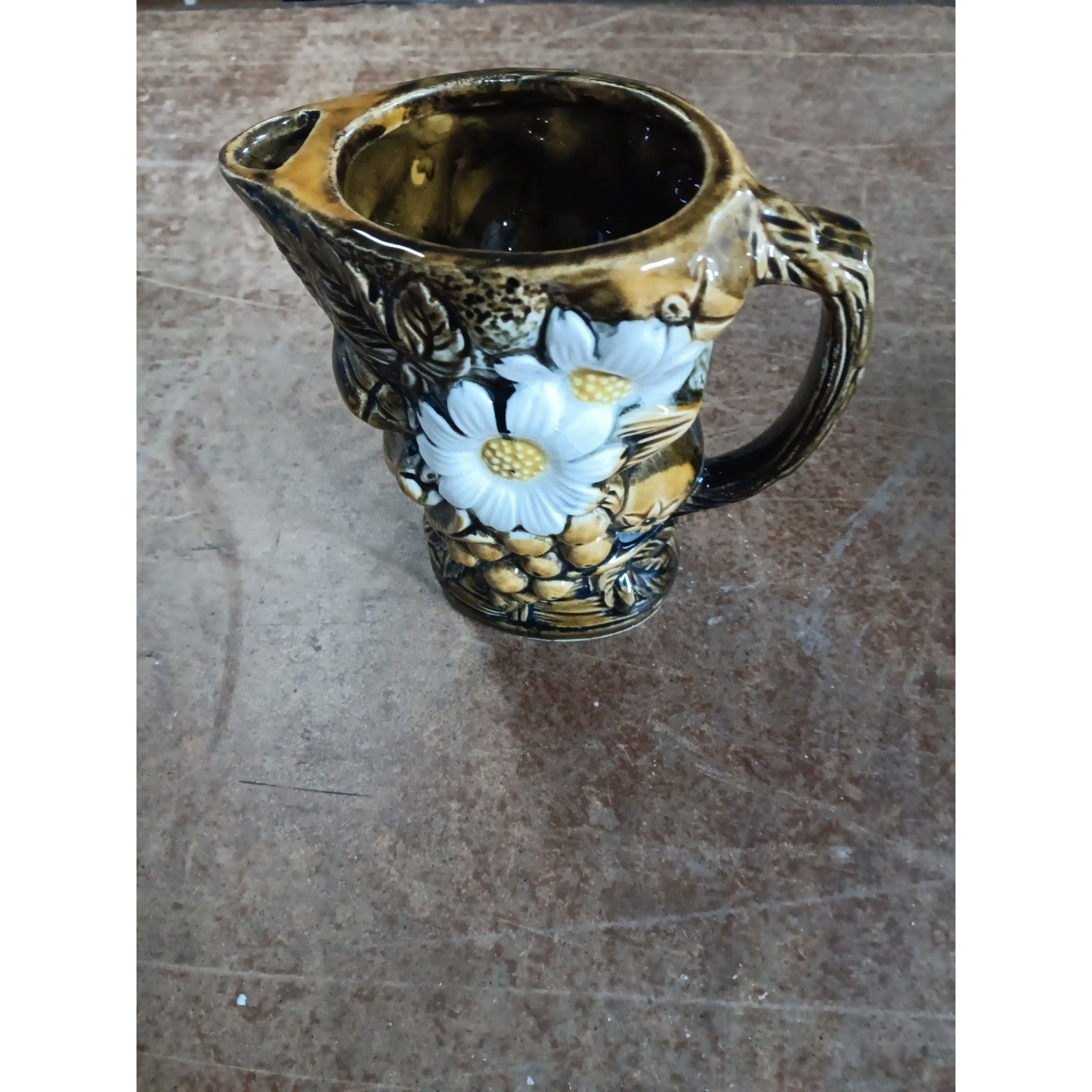 Vintage Majolica Pitcher Marked Japan 6.5 Inch High Fruit Daisy Flower