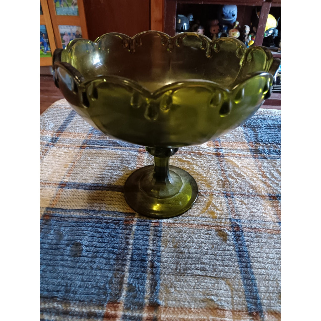 Indiana Glass Avocado / Olive Green Pedestal Teardrop Glass Compote Fruit Bowl