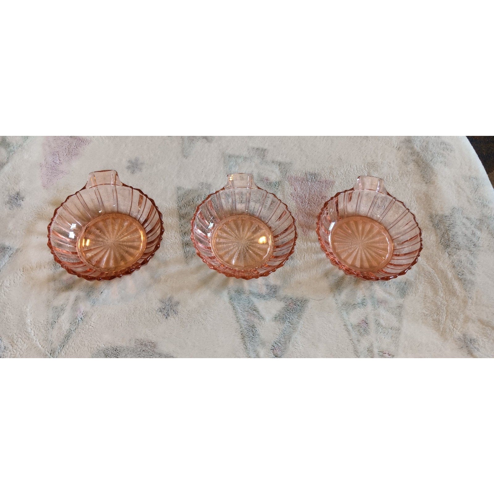 3 Anchor Hocking “Fortune” Pink Depression Small Dessert or Berry Handled Bowls