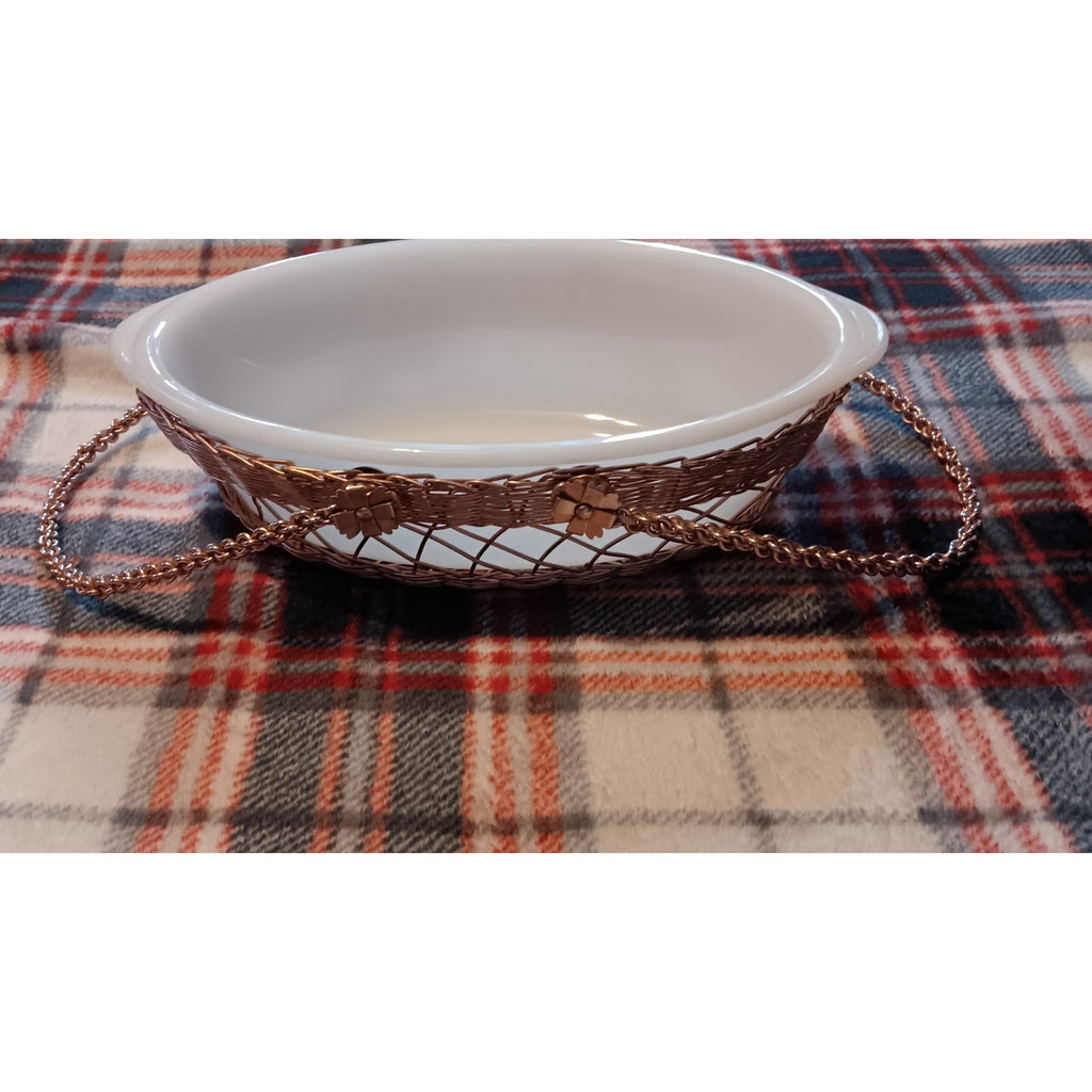 Glasbake White Milk Glass 10" Oval Baking Dish & Rose Gold Metal Carry Basket