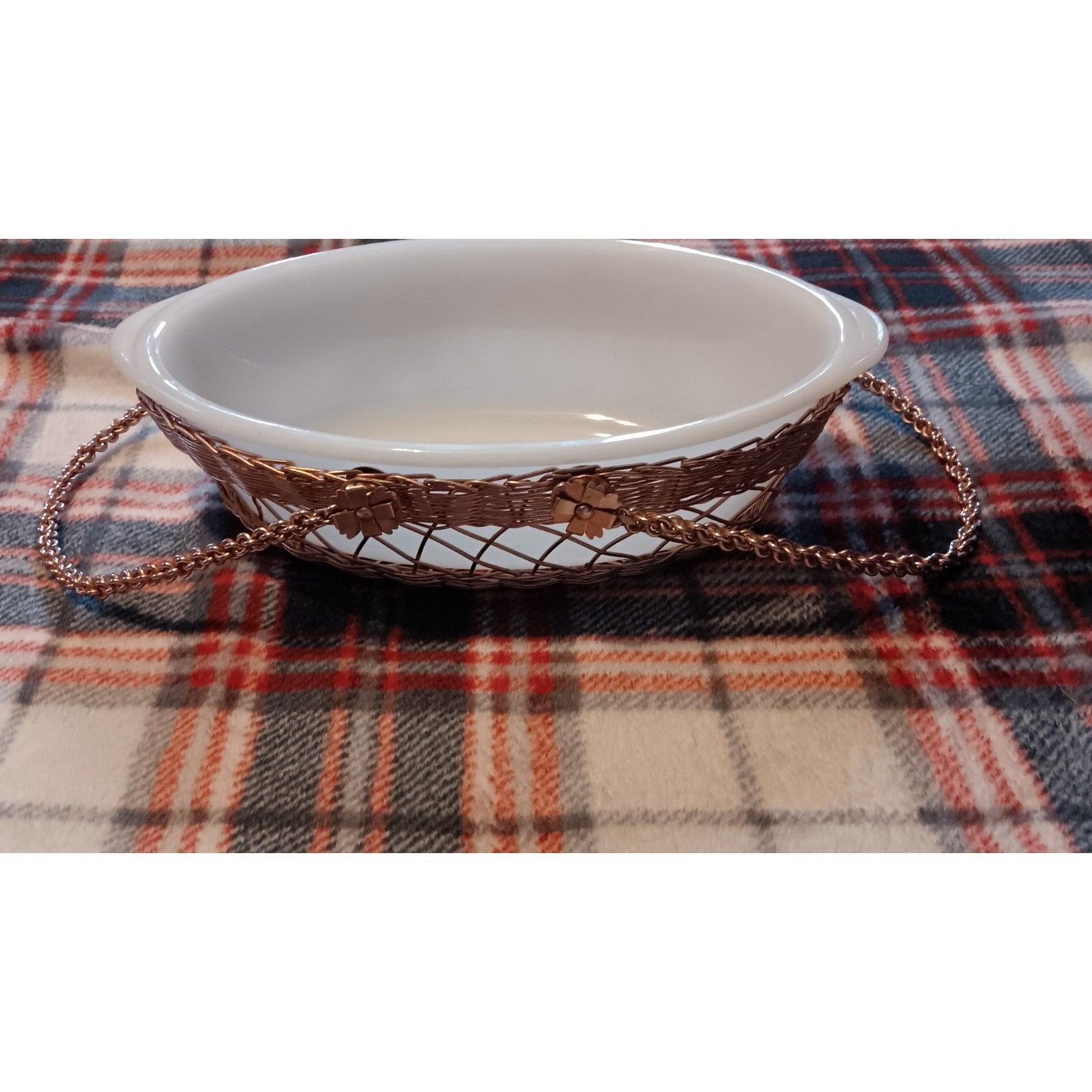 Glasbake White Milk Glass 10" Oval Baking Dish & Rose Gold Metal Carry Basket