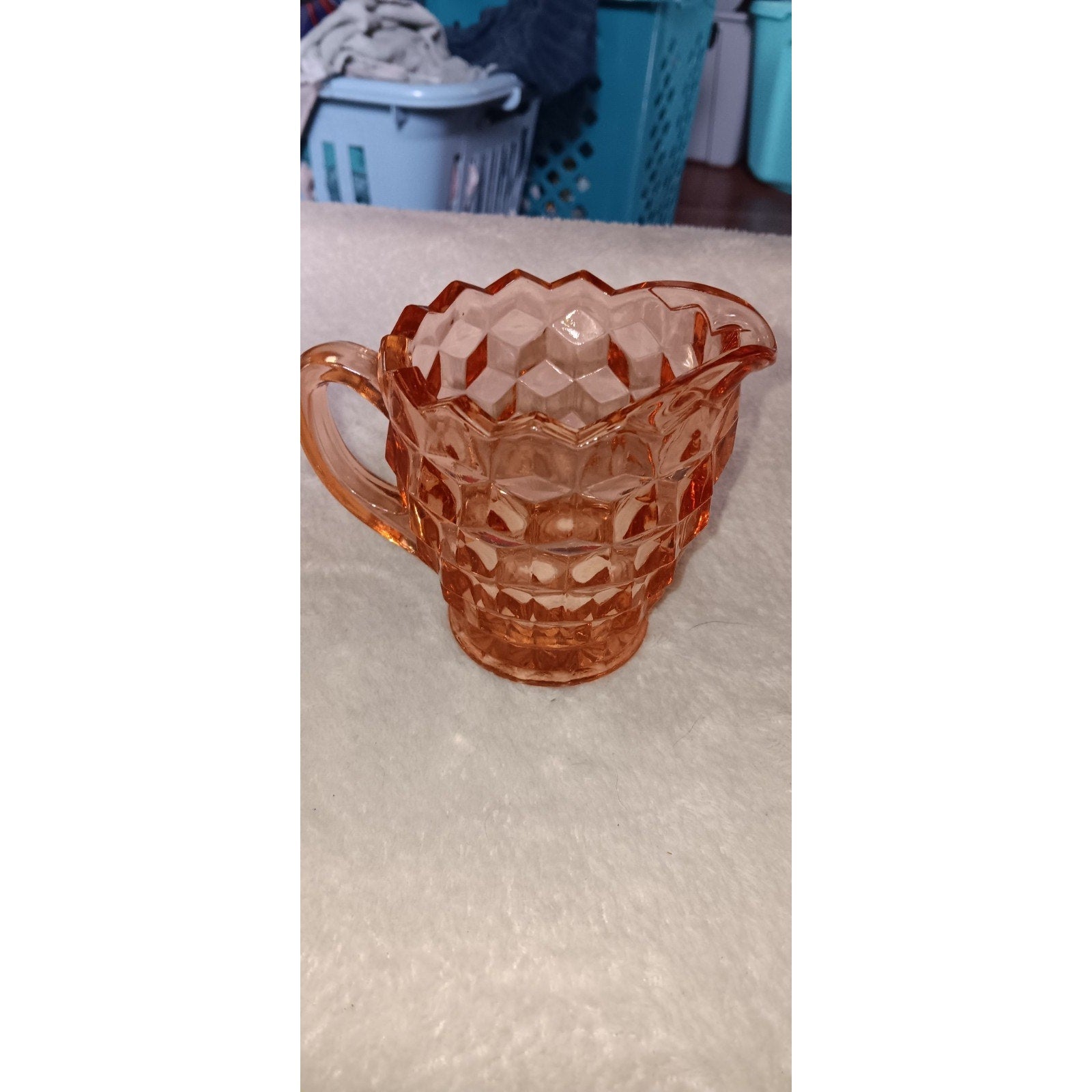 Vintage Indiana Whitehall Glass Cubist 4" Tall Heavy Creamer Pink Peach 1960's