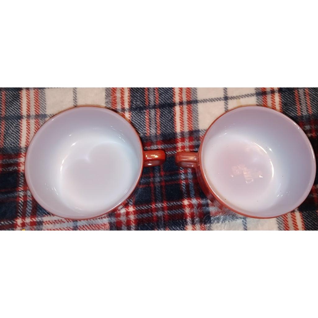 Two Vintage Anchor Hocking Fire-King Red D-handle soup bowls or chili mugs.