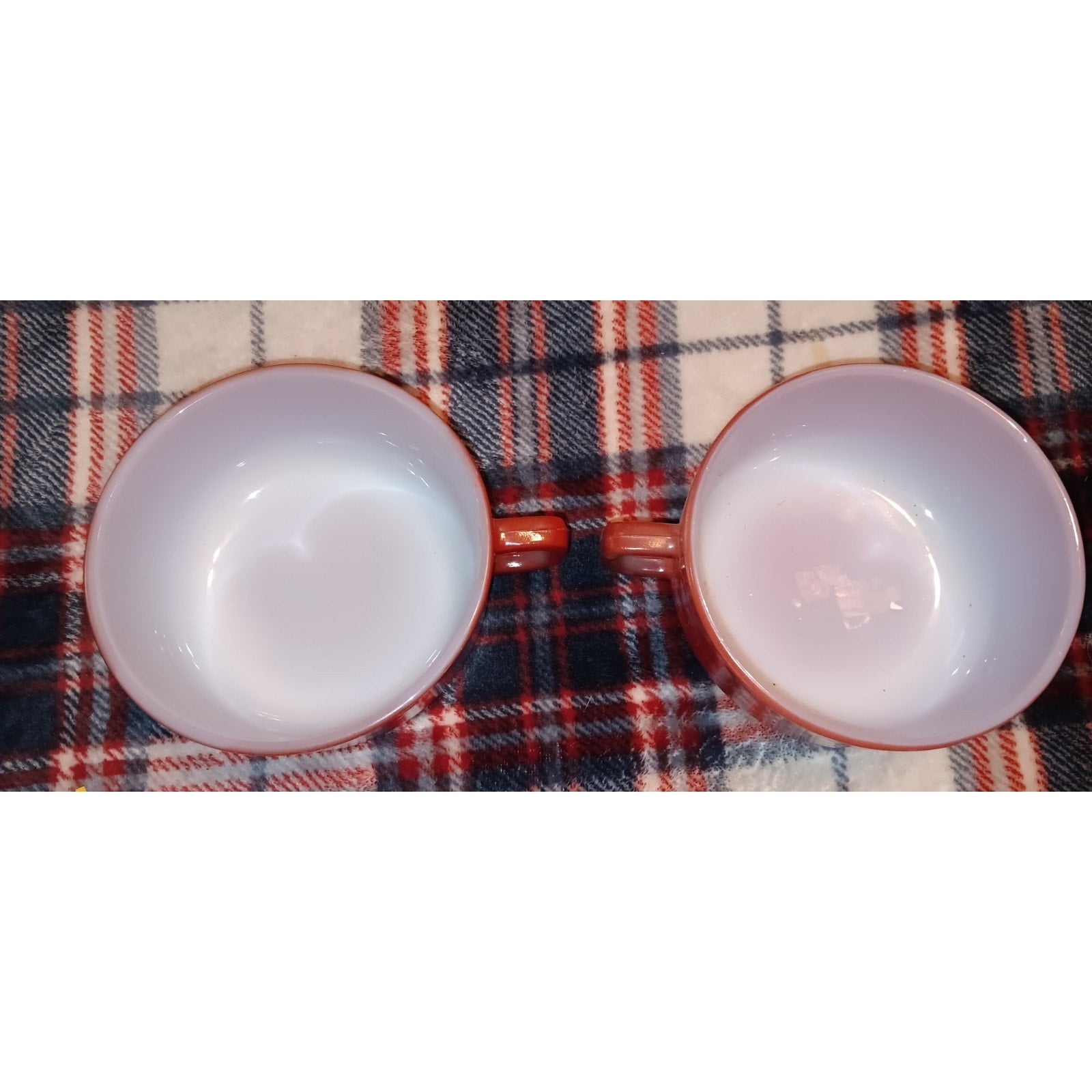 Two Vintage Anchor Hocking Fire-King Red D-handle soup bowls or chili mugs.