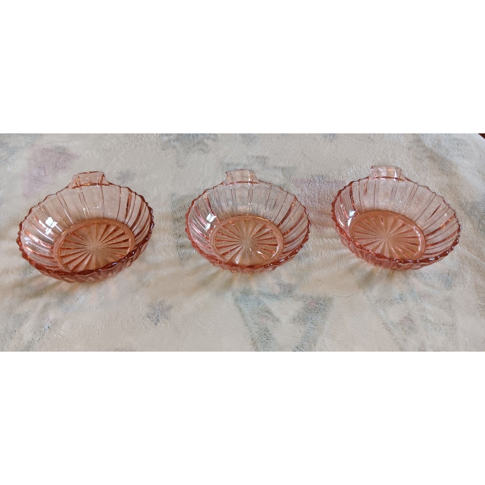 3 Anchor Hocking “Fortune” Pink Depression Small Dessert or Berry Handled Bowls