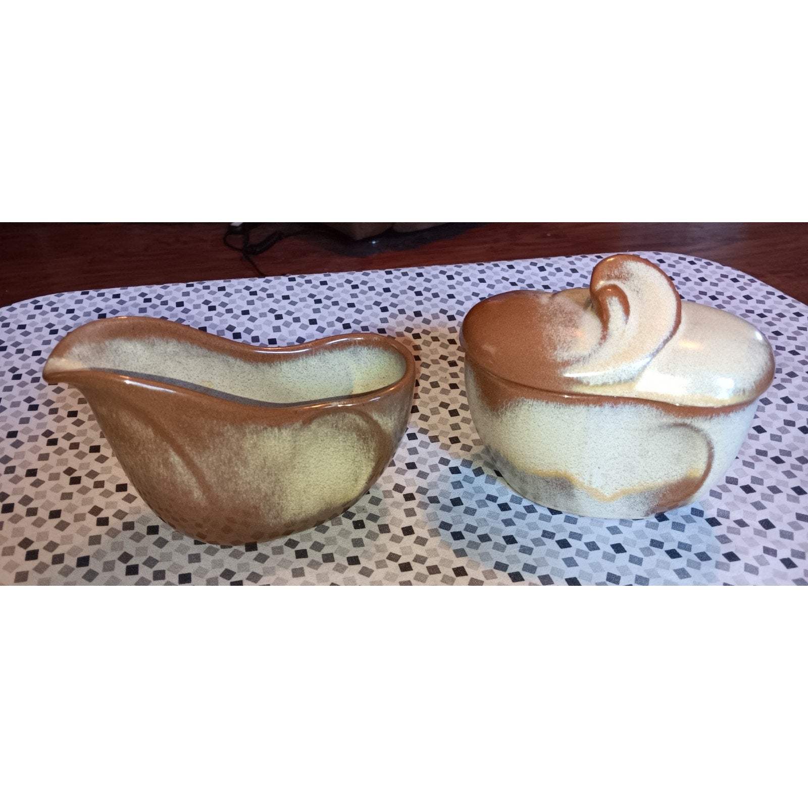 MCM Frankoma Lazy Bones Plainsman Brown Lidded Sugar & Creamer RARE!