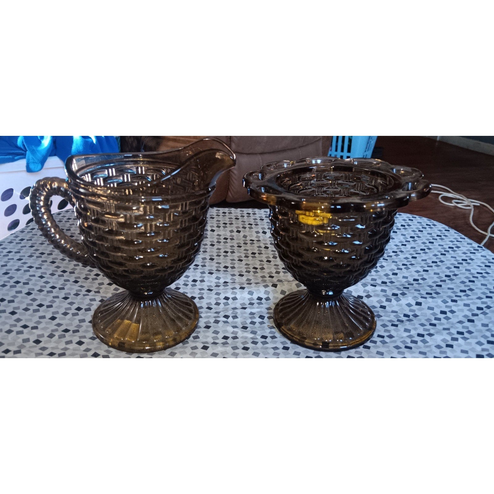Vintage Glass Smoke Basketweave Sugar Compote & Creamer. No Lid