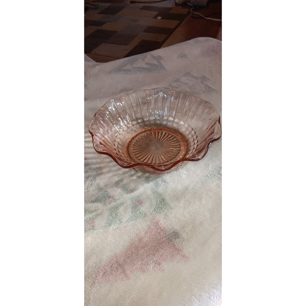Pink Pressed Depression Glass Small Bowl Candy Dish Ruffled Edges Raised Designs