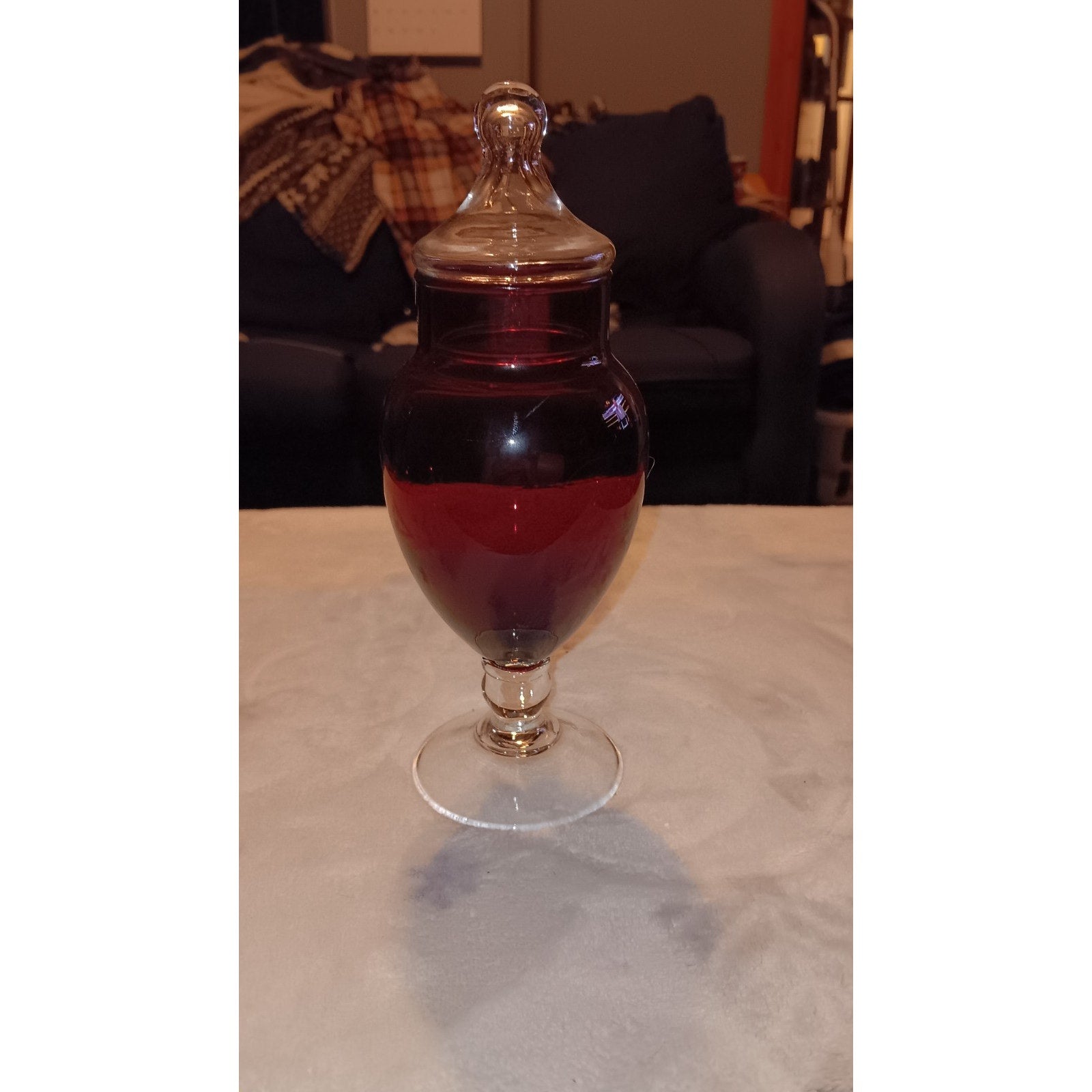Vintage Red Empoli Italy Glass Apothecary Candy Dish Circus Tent Jar Lid 8.5”