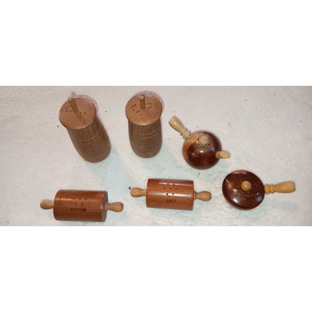 Vintage Wooden Butter Churn, Rolling Pin, And Tea Pot And Pan S&P Shakers Lot