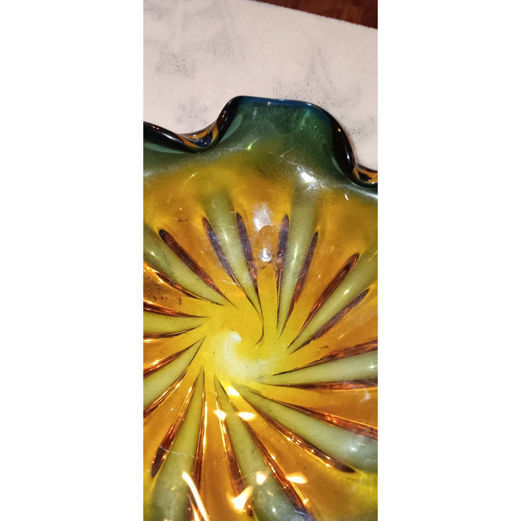 Murano Ruffled Edge Glass Bowl, Green and Amber, 10" diameter