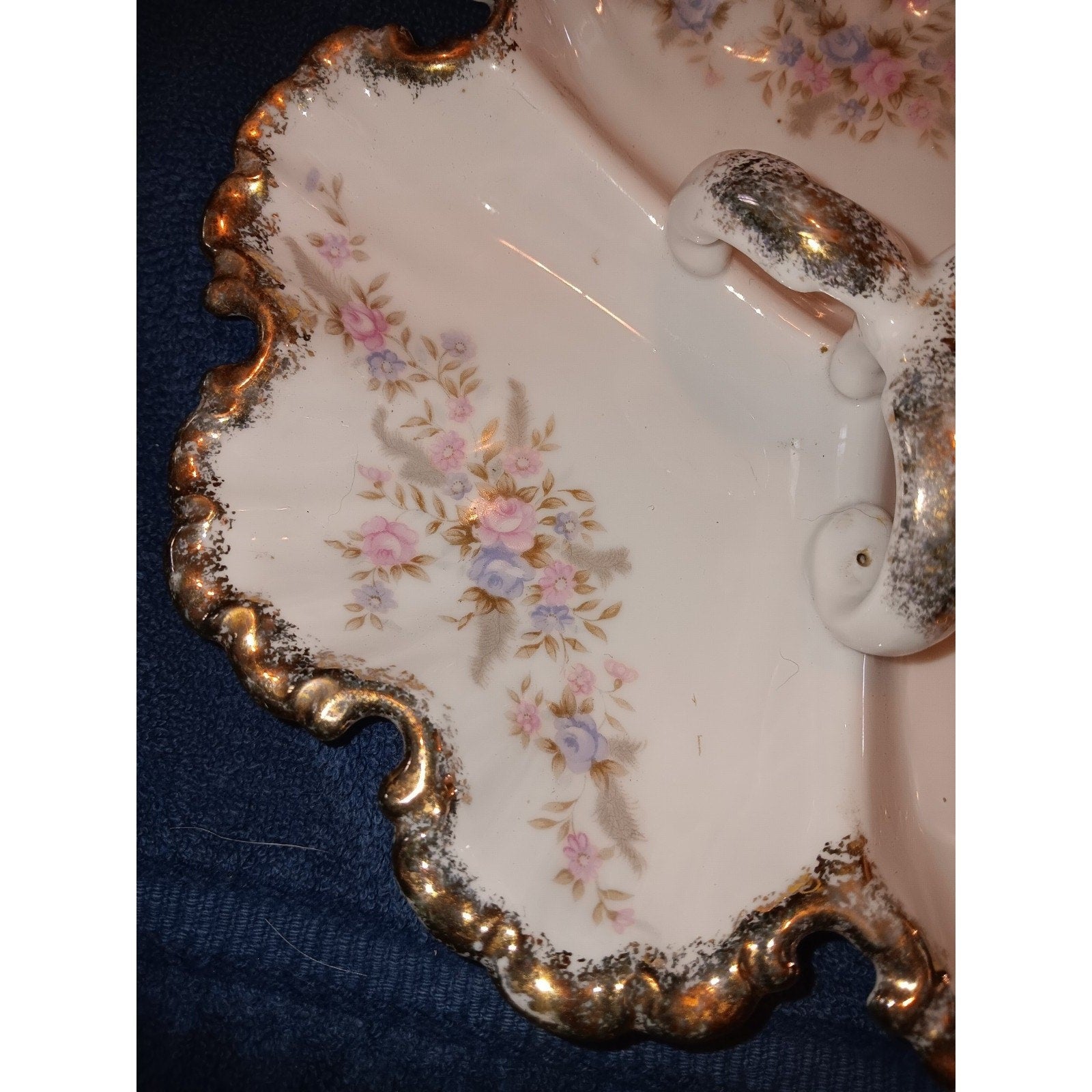 Lefton Hand Painted 3 Handled Divided Candy Dish Pink Blue Roses Gold Trim 7056