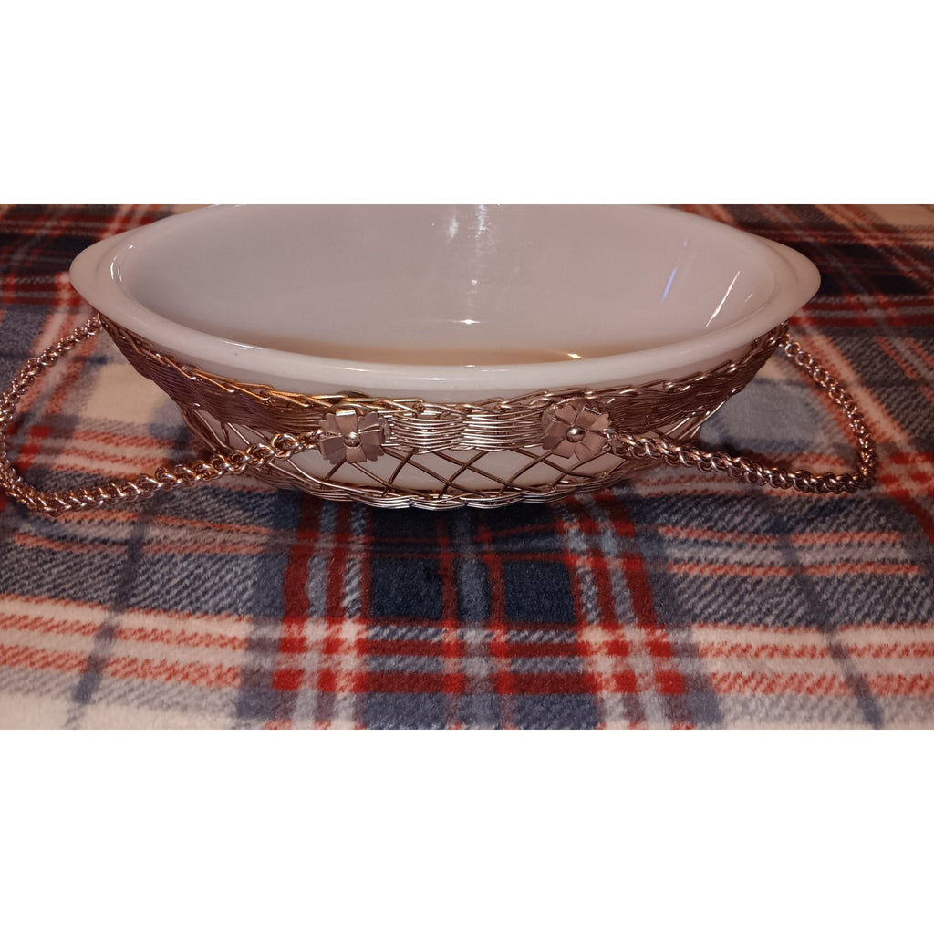 Glasbake White Milk Glass 10" Oval Baking Dish & Rose Gold Metal Carry Basket