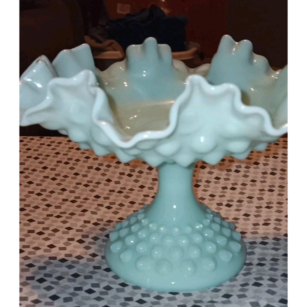 Fenton Hobnail Creamy Green Milk Glass Compote | 5.5" Tall, 8" Crimped Centerpiece
