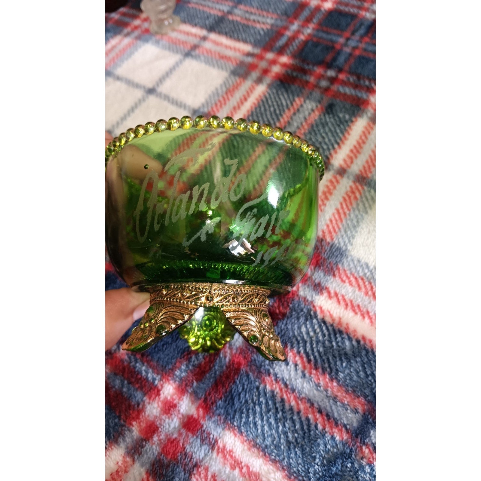 2 Antique Green US Glass Colorado Lacy Medallion Footed Bowl “Orlando's Fair”