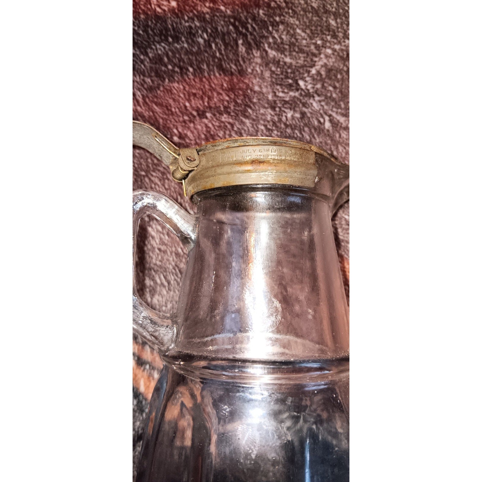 Antique 6" Tall Glass Syrup Pitcher with Spring-Loaded Metal Lid