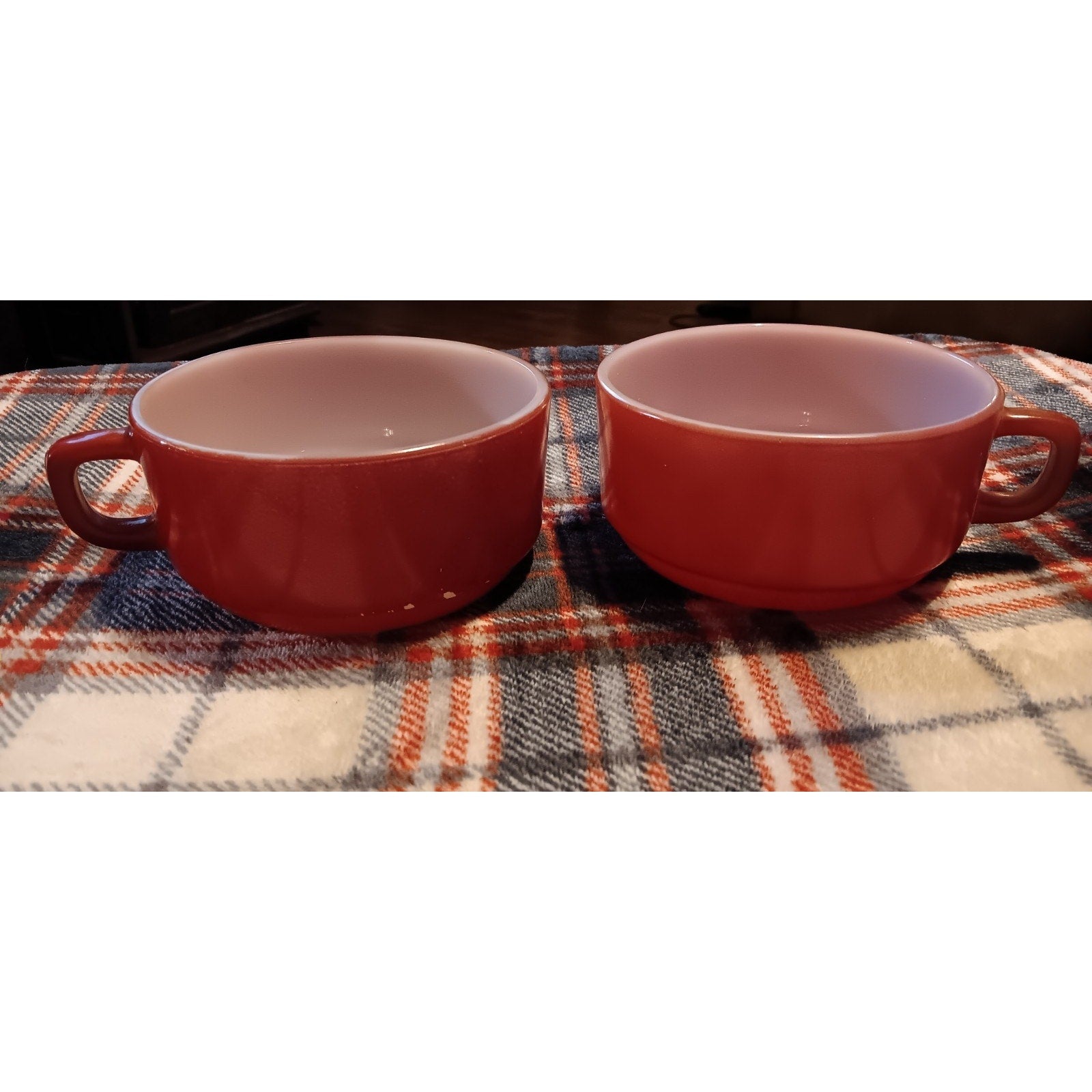 Two Vintage Anchor Hocking Fire-King Red D-handle soup bowls or chili mugs.