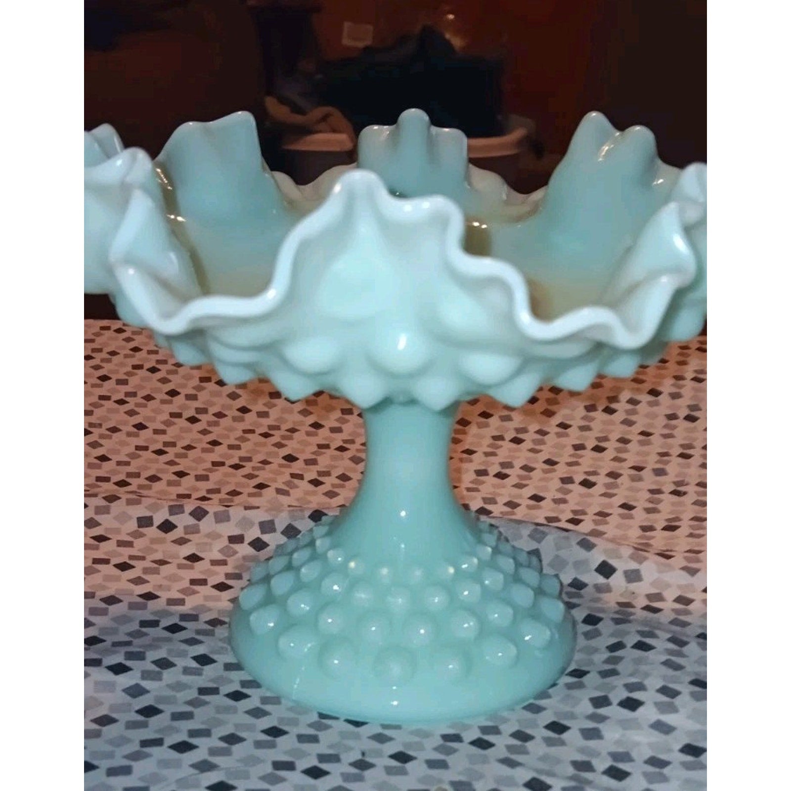 Fenton Hobnail Creamy Green Milk Glass Compote | 5.5" Tall, 8" Crimped Centerpiece