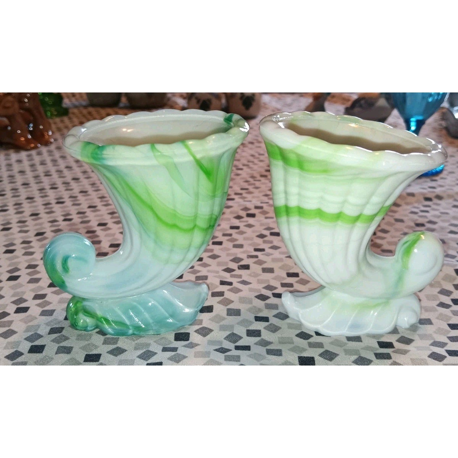Lot Of 2 Akro Agate Glass 1940’s Green & White Slag Cornucopia Miniature Vase