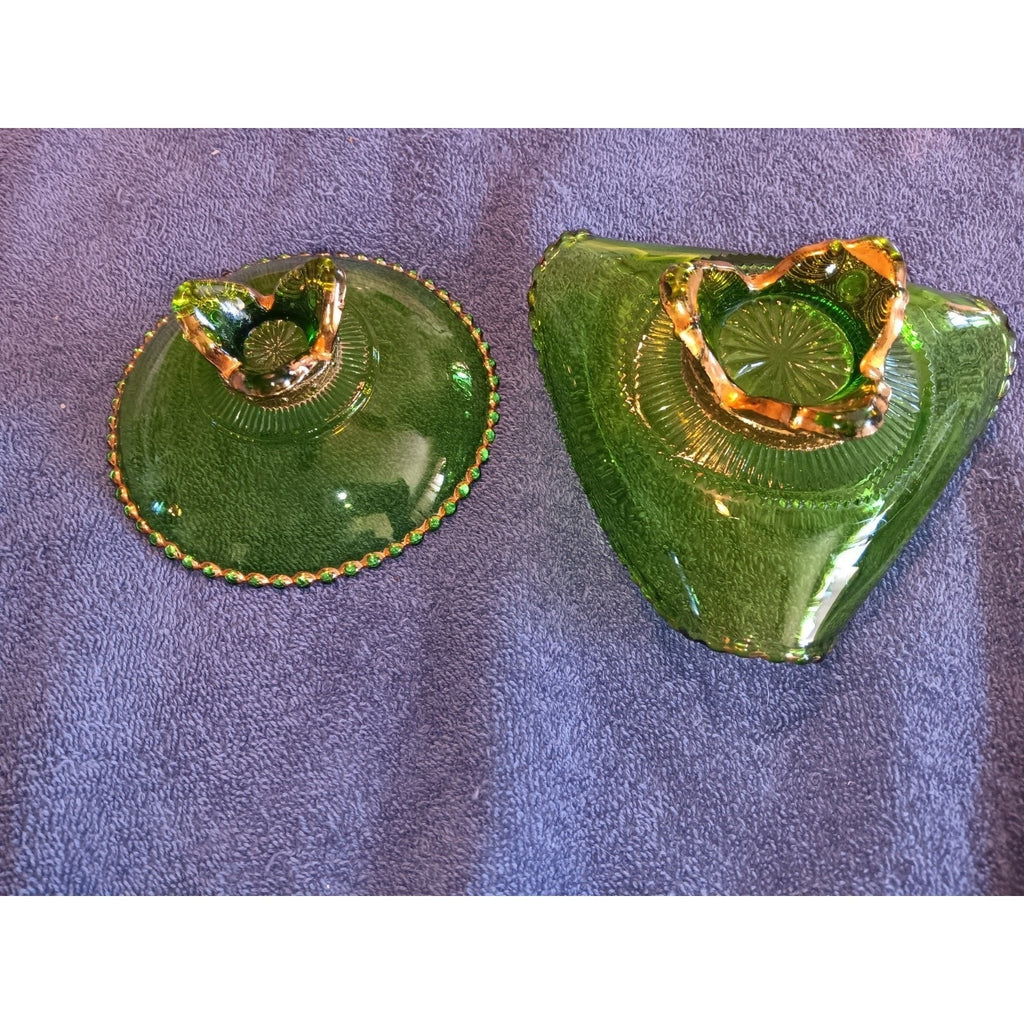 Lot Of 2 Emerald Colorado Greed Lacy Medallion Dish And Wavy Trinket Dish