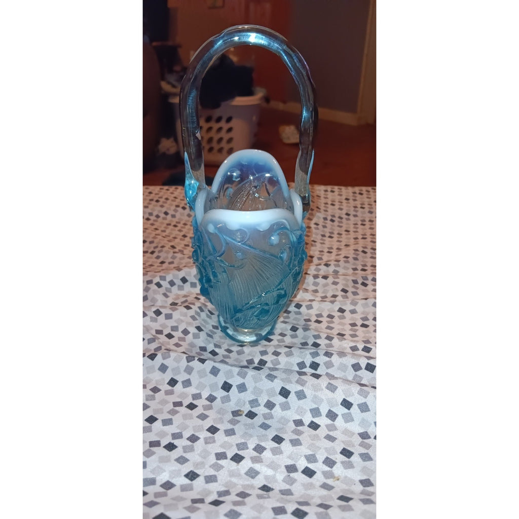 Vtg Fenton Lily of the Valley Basket Blue Opalescent Art Glass NOS