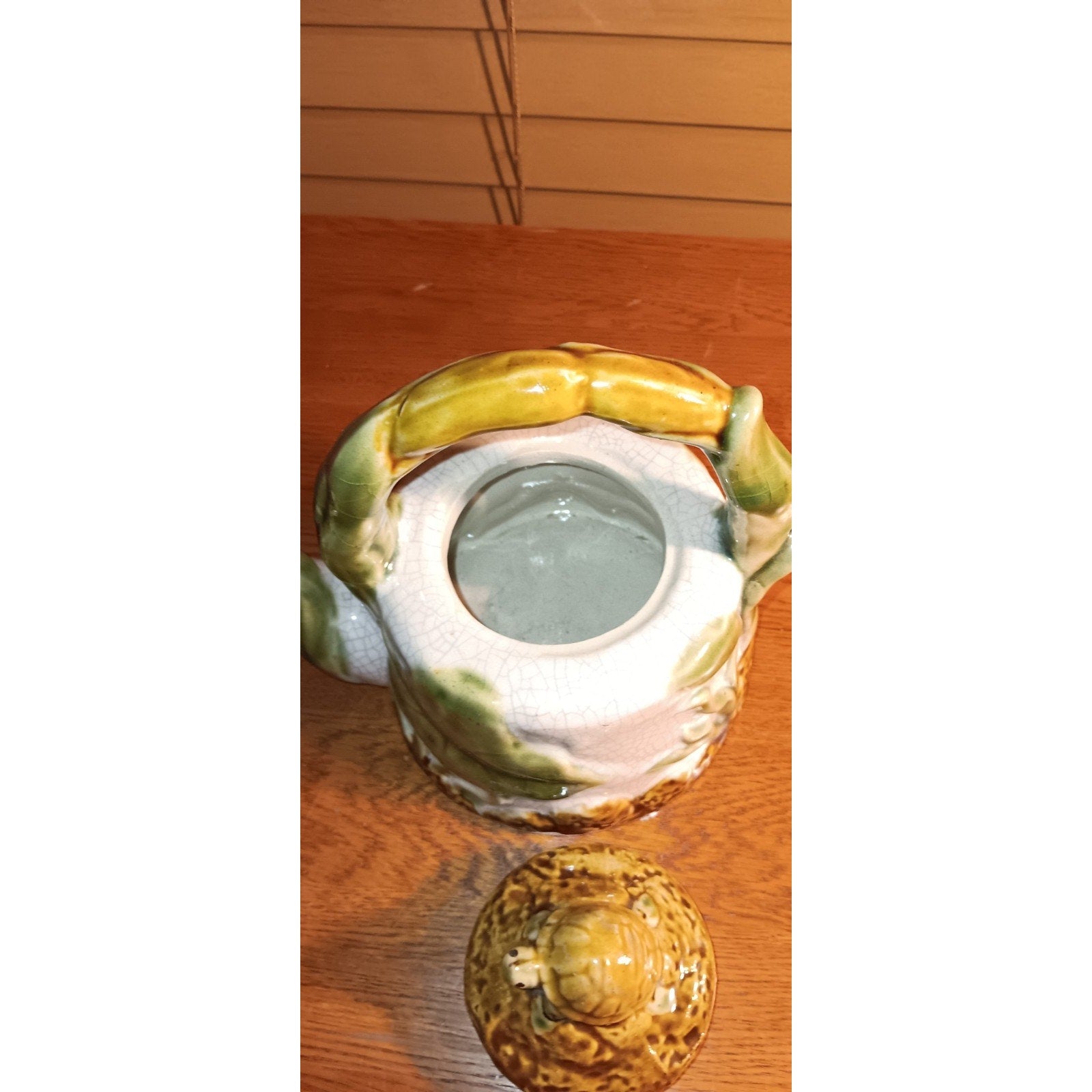 Ceramic Majolica Turtle Teapot With Lid Rare No Chips Beautiful Piece