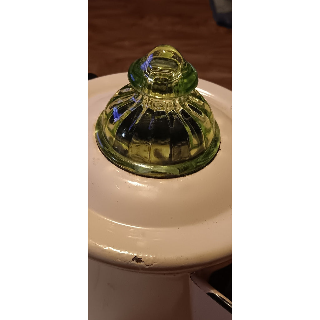 Rare Light Pink & Black Enamelware Coffee Pot W/ Green uranium glass Percolator