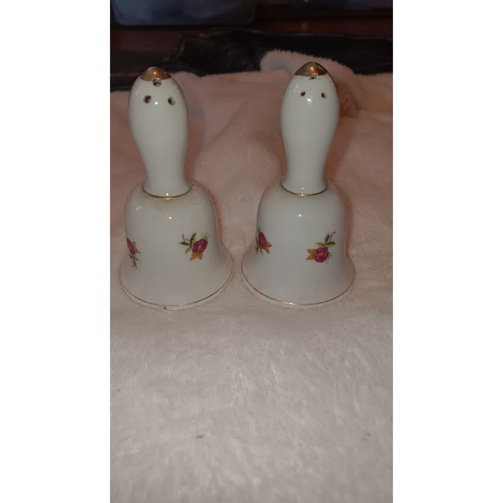 Vintage White Gold Porcelain Bell-Shaped Salt & Pepper Shakers Pink Roses Japan