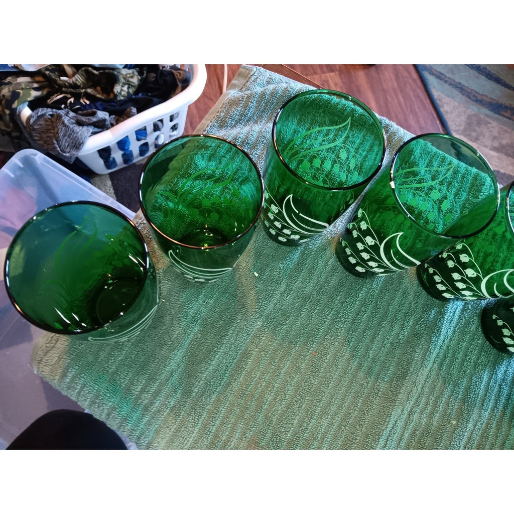 Set of 8 MCM Anchor Hocking Lily of the Valley Green Tumblers Glasses