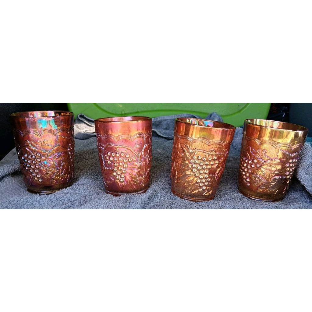 Vintage Joe St. Clair Carnival Glass Lot Grape & Cable Tumbler Set Of 5 Marigold