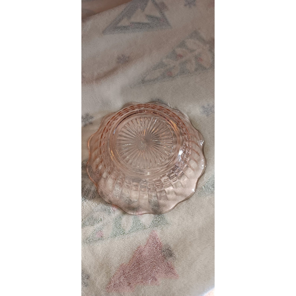 Pink Pressed Depression Glass Small Bowl Candy Dish Ruffled Edges Raised Designs