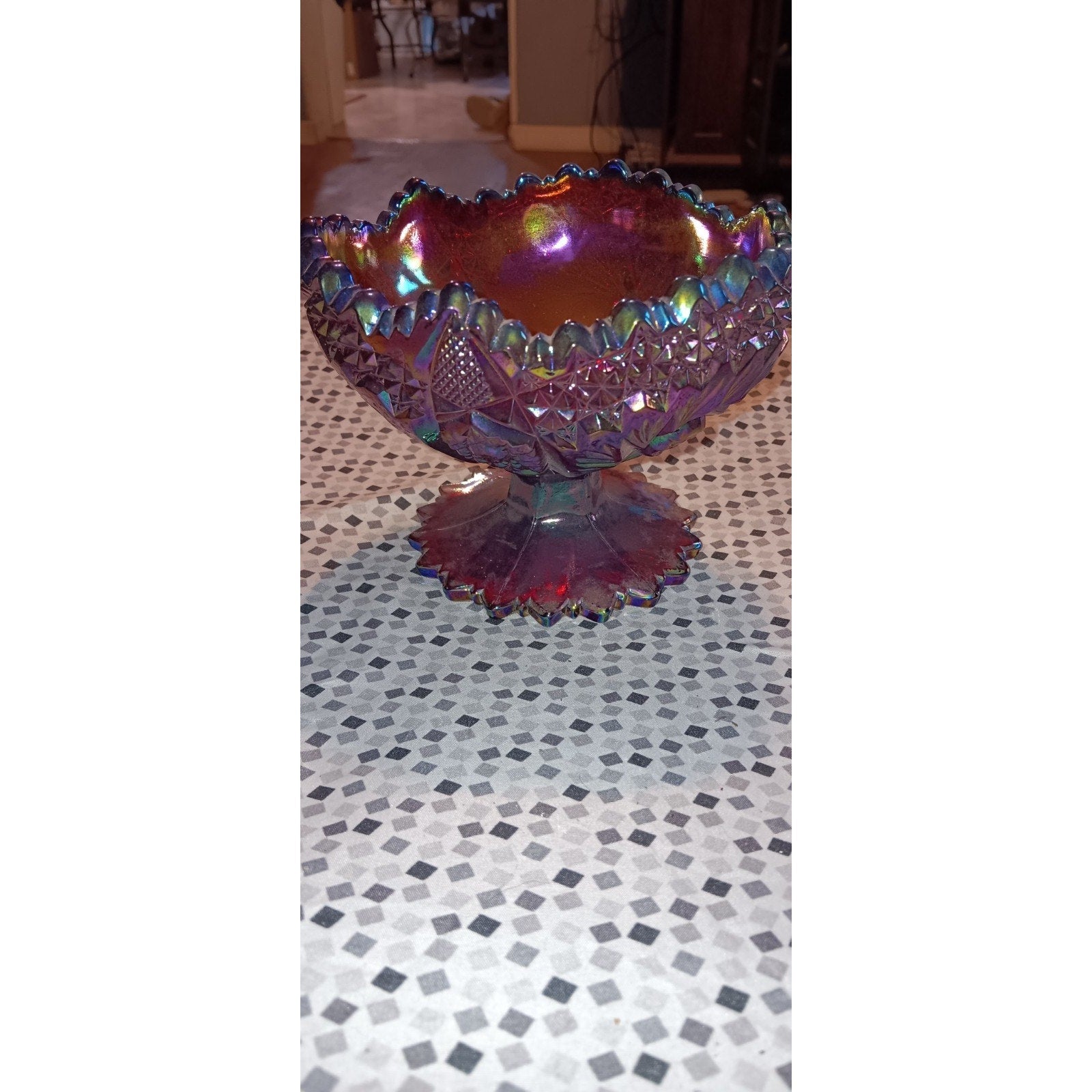 Fenton Ruby Red Glass Carnival Pinwheel Iridescent Sawtooth Edge Candy Bowl Art