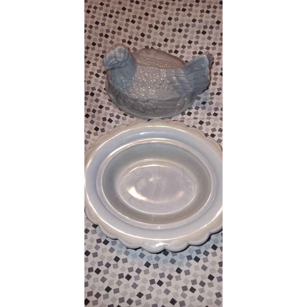 Vintage Mosser Marble / Slag Gray And White Hen on Nest, Cambridge, Ohio 6.5 In