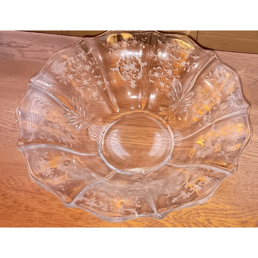 Fostoria Navarre Bowl 12.5 Elegant Footed Floral Etched W/ Baroque Wing Flar VTG