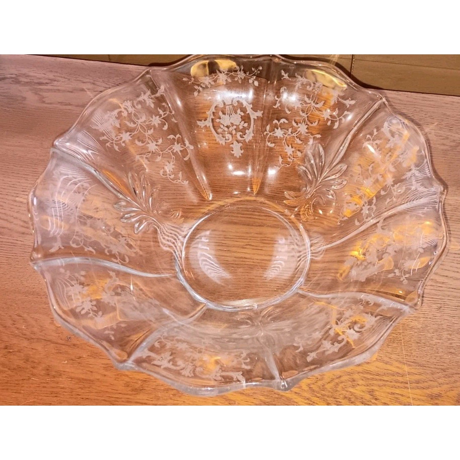 Fostoria Navarre Bowl 12.5 Elegant Footed Floral Etched W/ Baroque Wing Flar VTG