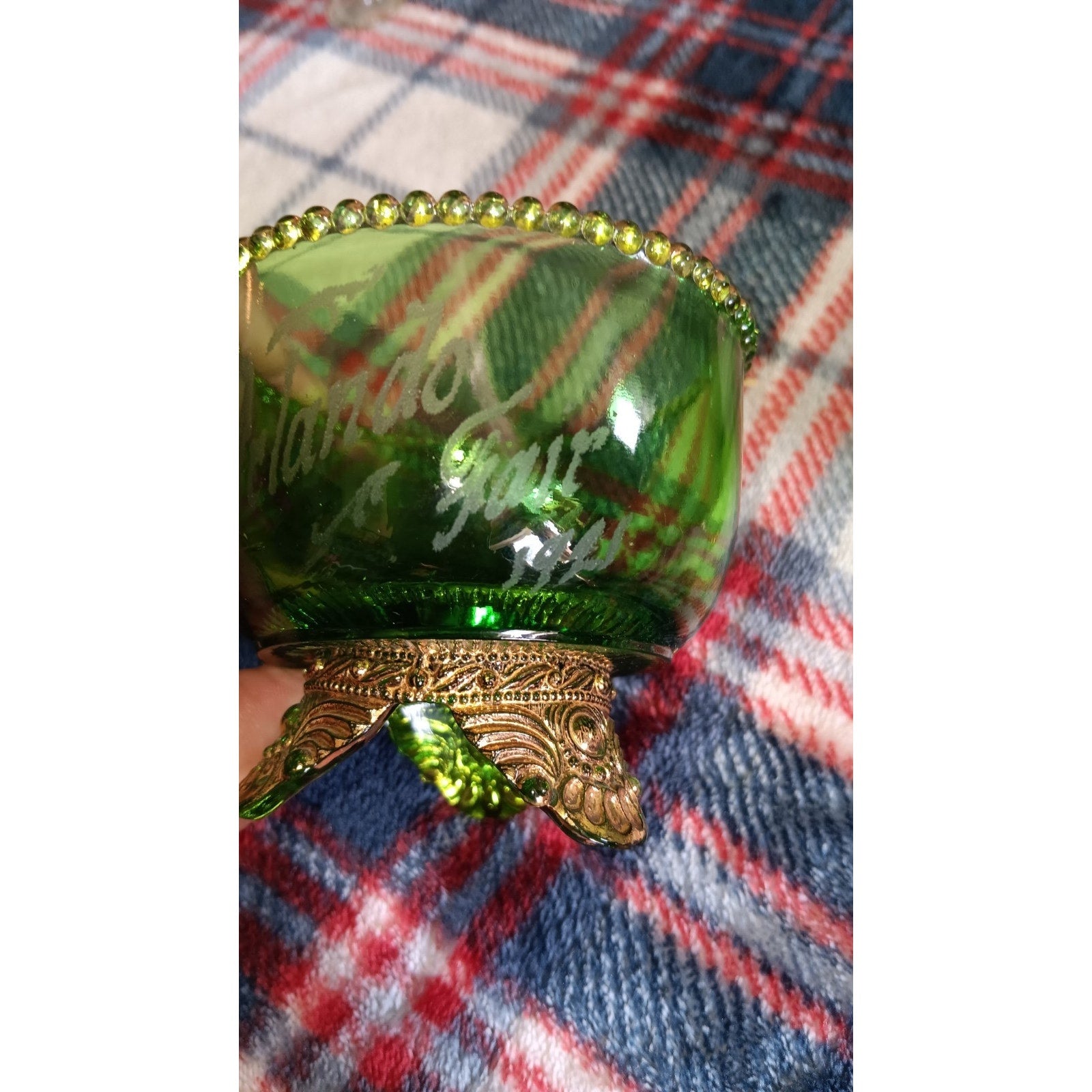 2 Antique Green US Glass Colorado Lacy Medallion Footed Bowl “Orlando's Fair”