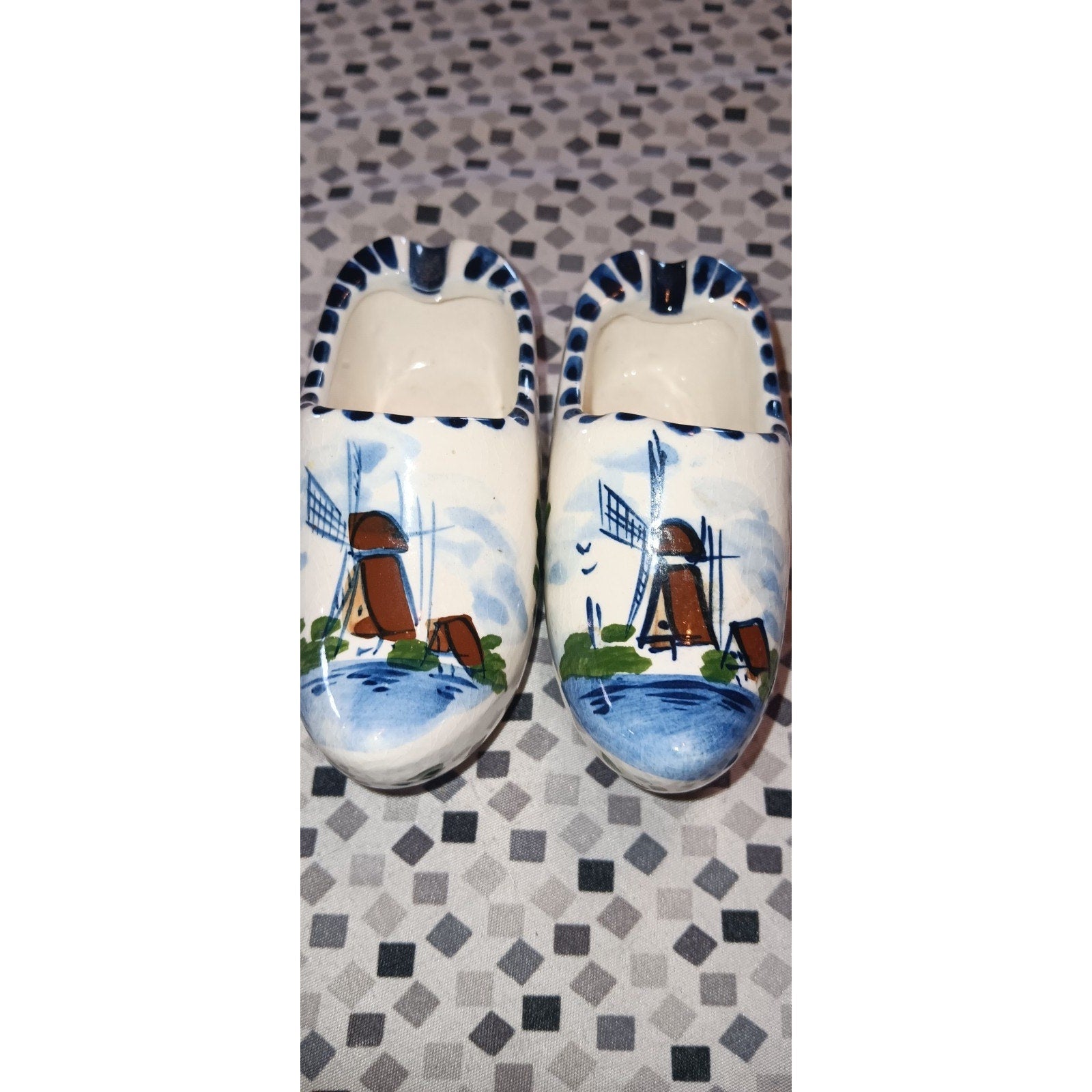 Mini Dutch Delft Clog Ashtray Shoes Holland Hand Painted Windmill Ceramic 3" VTG