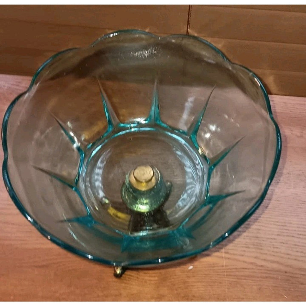 Vintage L L WMC Glass Blue Moon Stars Brass Pedestal 1970 Centerpiece Candy Bowl