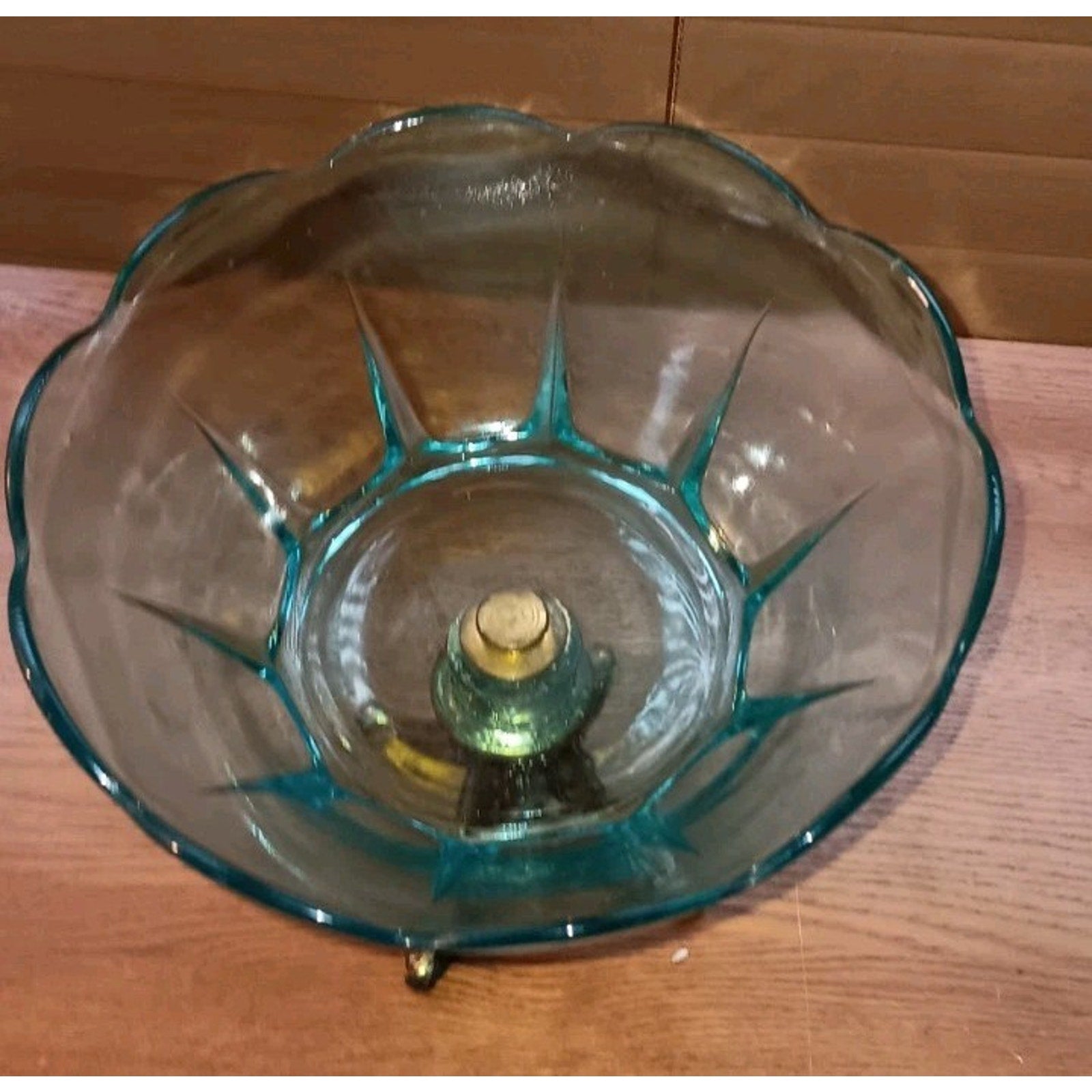 Vintage L L WMC Glass Blue Moon Stars Brass Pedestal 1970 Centerpiece Candy Bowl
