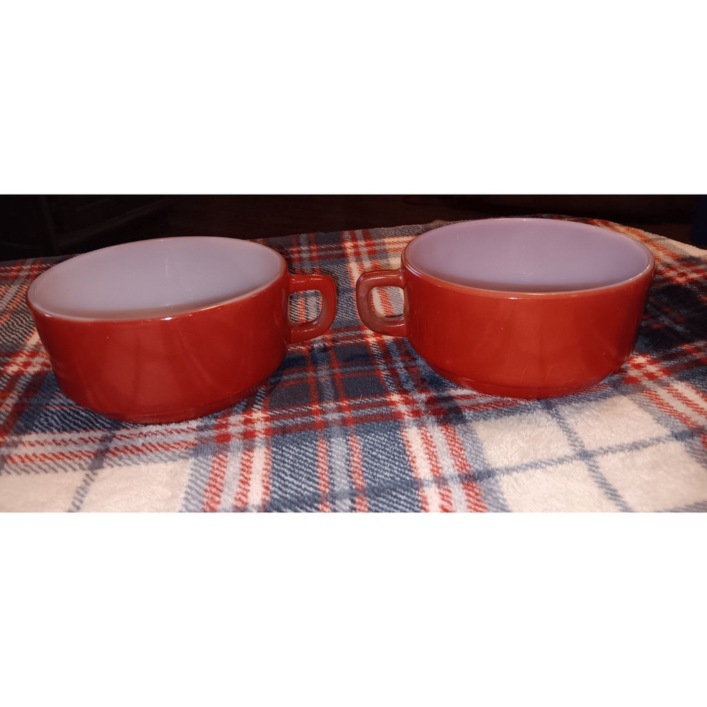Two Vintage Anchor Hocking Fire-King Red D-handle soup bowls or chili mugs.