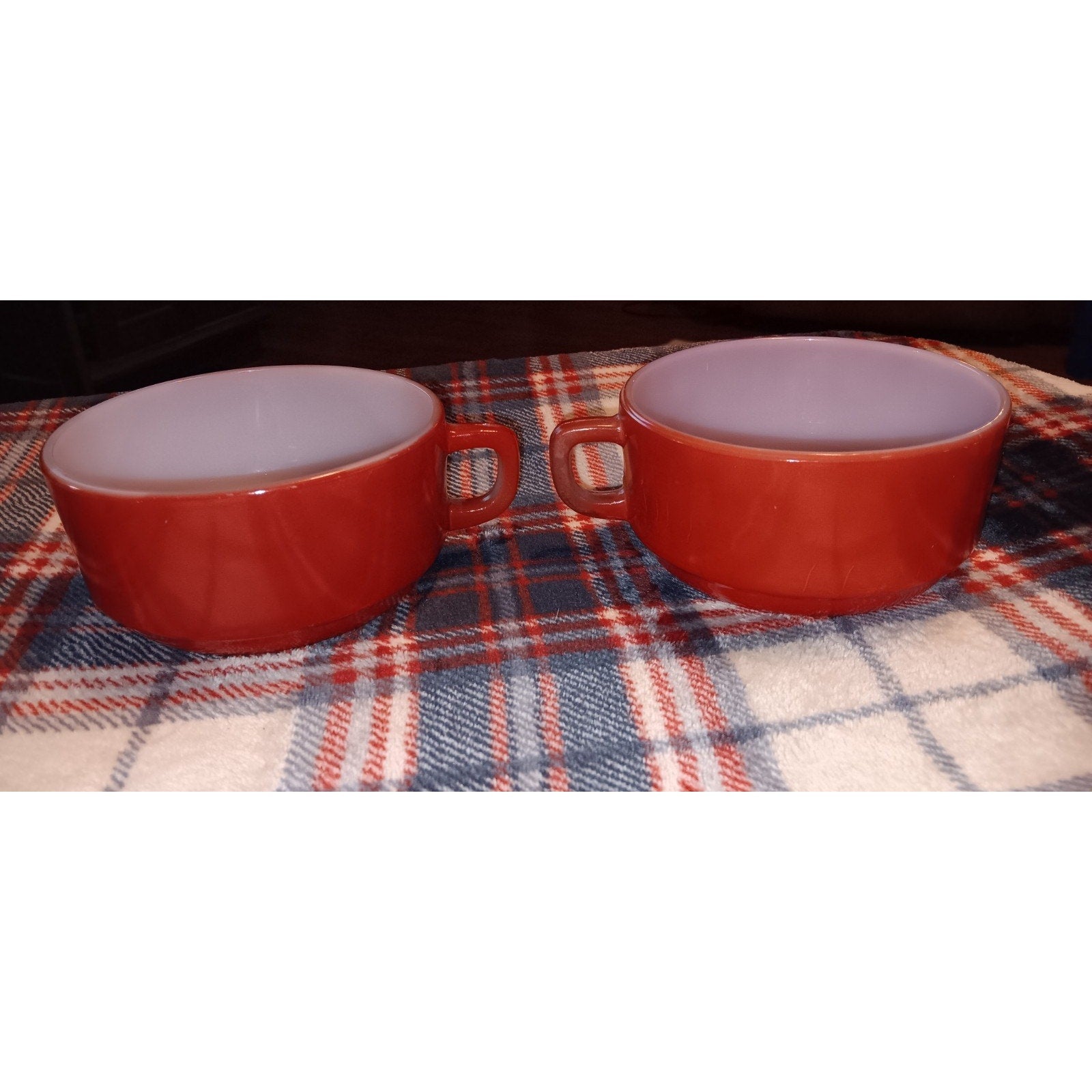 Two Vintage Anchor Hocking Fire-King Red D-handle soup bowls or chili mugs.