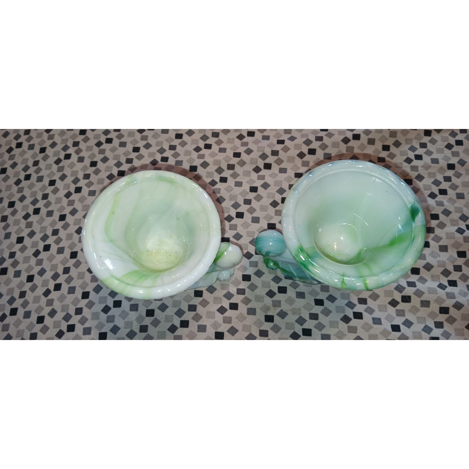 Lot Of 2 Akro Agate Glass 1940’s Green & White Slag Cornucopia Miniature Vase