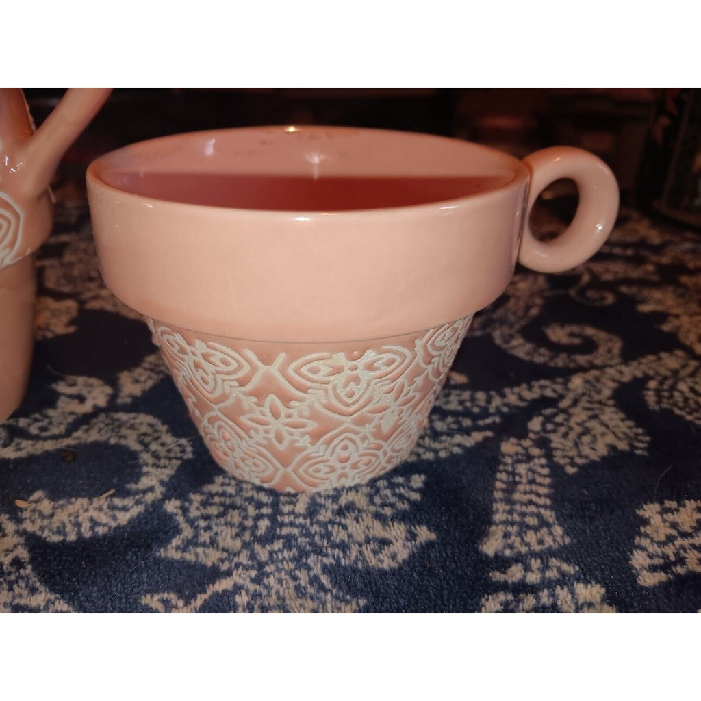 Pinky Up ~ Tea for Two Set in Pink and White Teapot Mugs Ceramic