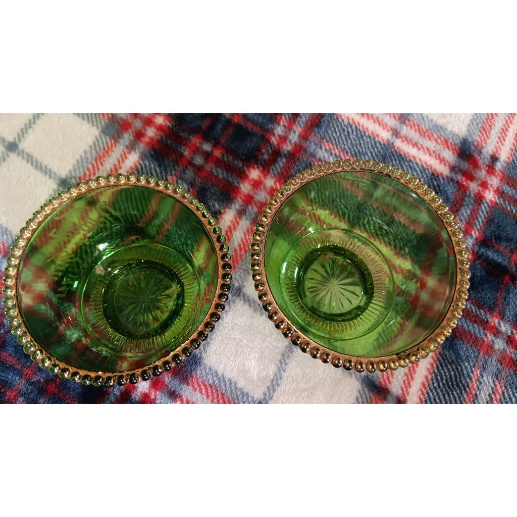 2 Antique Green US Glass Colorado Lacy Medallion Footed Bowl “Orlando's Fair”
