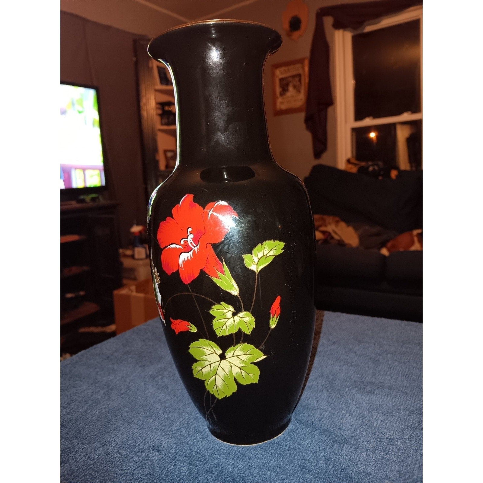 Decorative gold trim vase with flower design black 10” Height Made In Japan